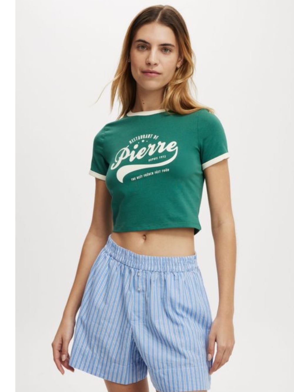 New no tags. Cotton on. Pierre Crop Graphic Tee in Scholar Green Cream Trim. M